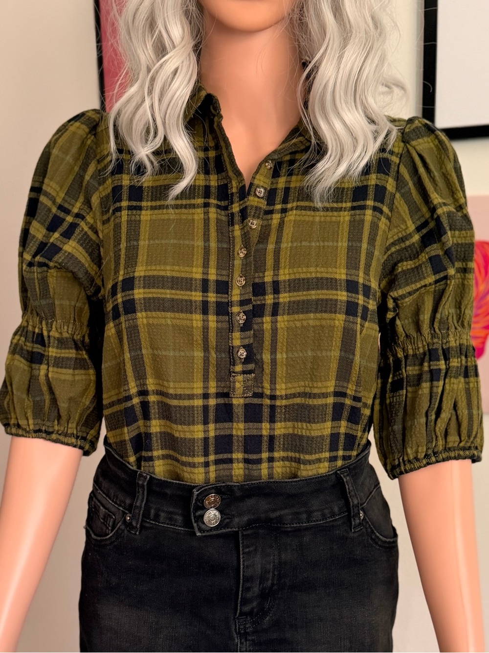NWT Pilcro Anthropologie Tallulah Double Puff-Sleeve Plaid Blouse Size XS